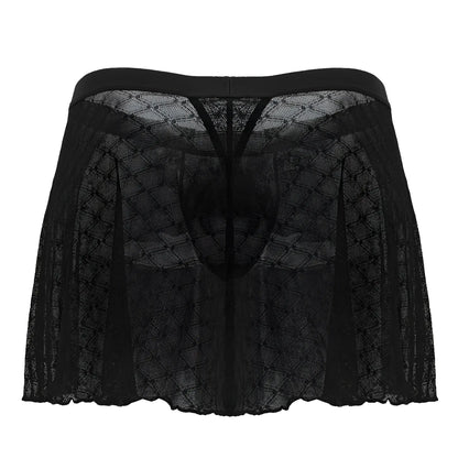 Black sheer lace men’s underwear with solid black waistband and diamond-patterned design candyman 99813 mesh skirt black