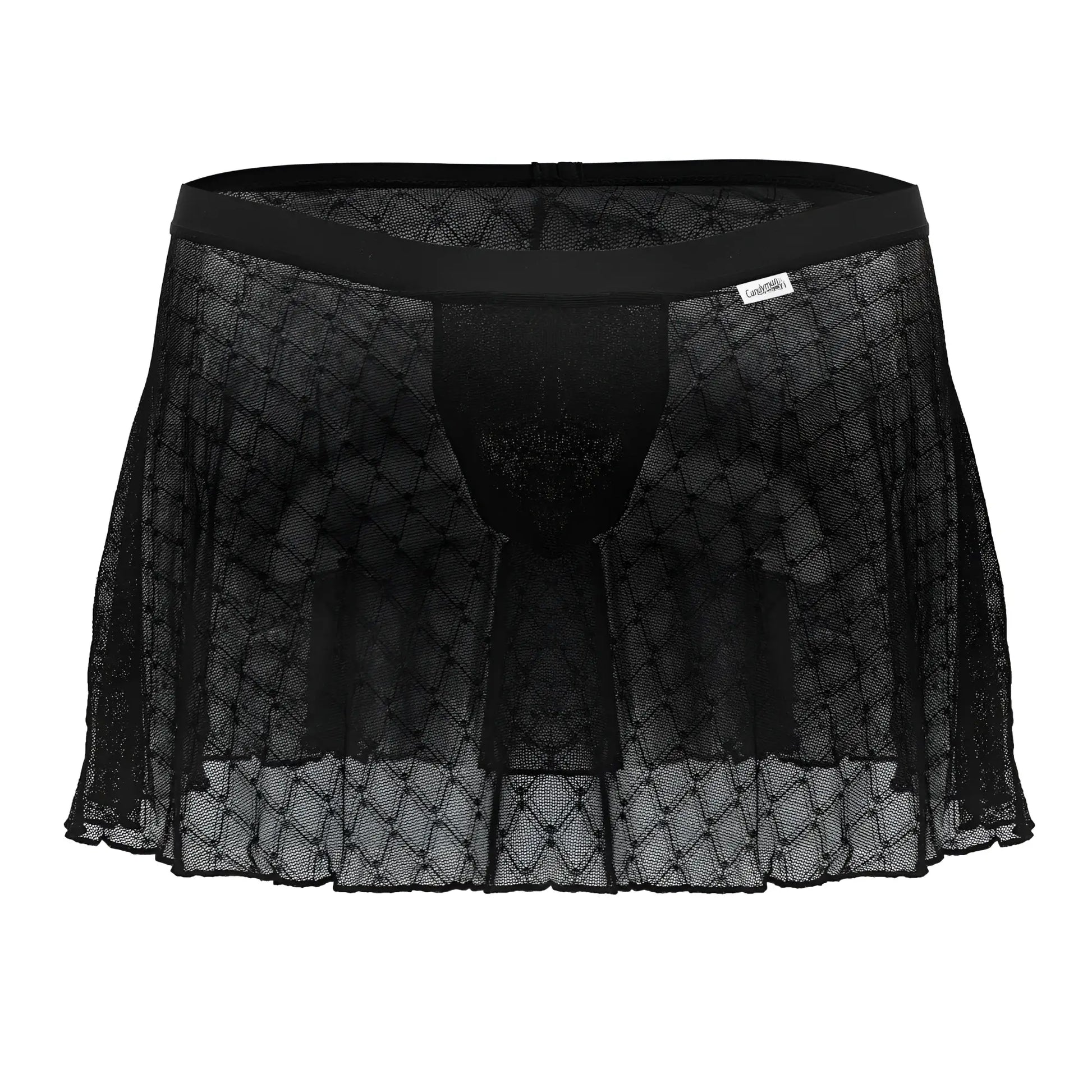 Black sheer lace men’s underwear with diamond pattern and elastic waistband candyMan 99813 mesh skirt black