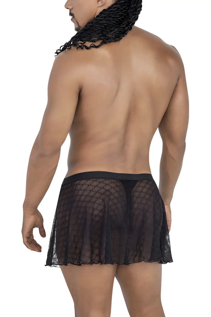 Black sheer lace mini skirt with fitted waistband in candy man 99813 mesh skirt color black
