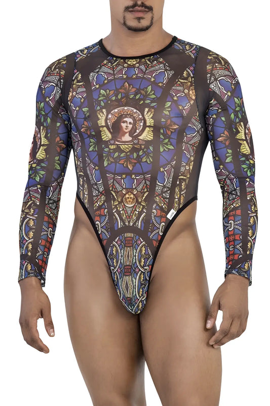 Candyman 99814 stained glass long-sleeved bodysuit in black with intricate blue gold and brown stained glass-inspired print