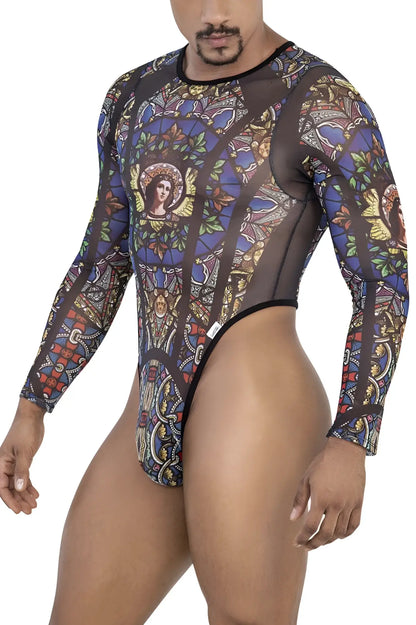 A mens long-sleeved sheer mesh bodysuit with stained glass angelic and floral print in black by CandyMan 99814