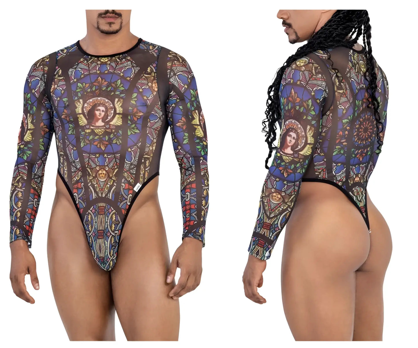 Stylish long-sleeved CandyMan 99814 stained glass bodysuit in black with vibrant blue gold and green sheer mesh design