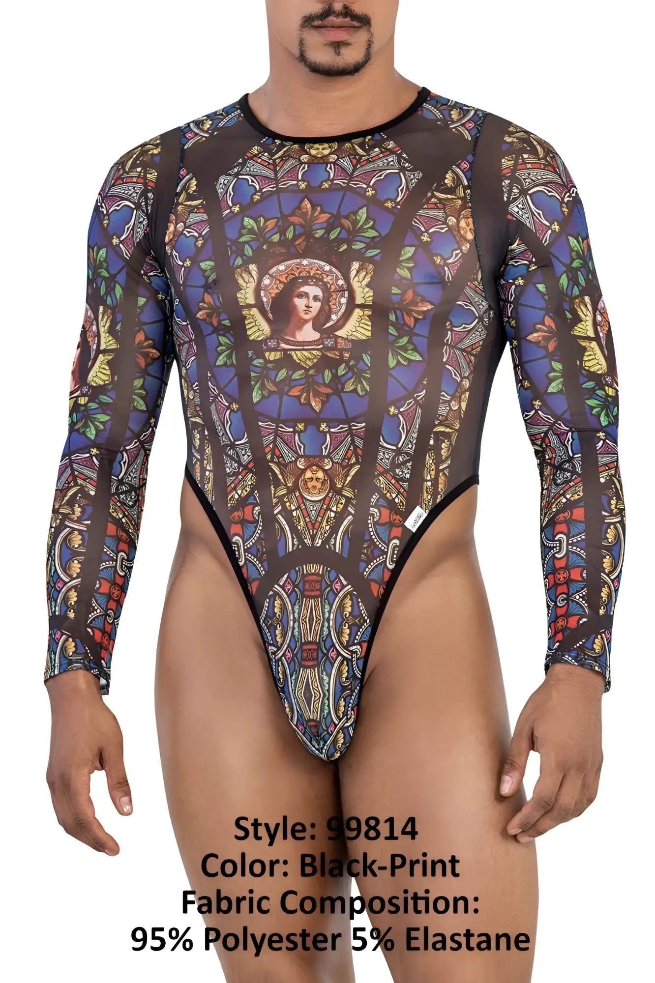 CandyMan 99814 black-print bodysuit with stained-glass window design in vibrant blue purple gold and green colors