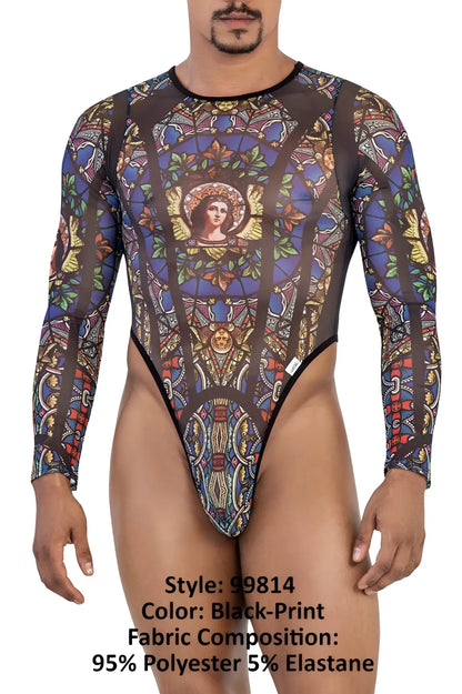 CandyMan 99814 black-print bodysuit with stained-glass window design in vibrant blue purple gold and green colors