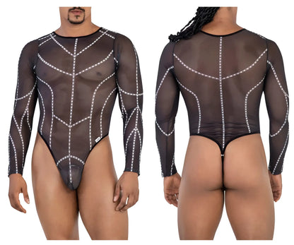 Black candyMan 99816 mesh bodysuit with sheer long sleeves and white chain detailing in a sleek design