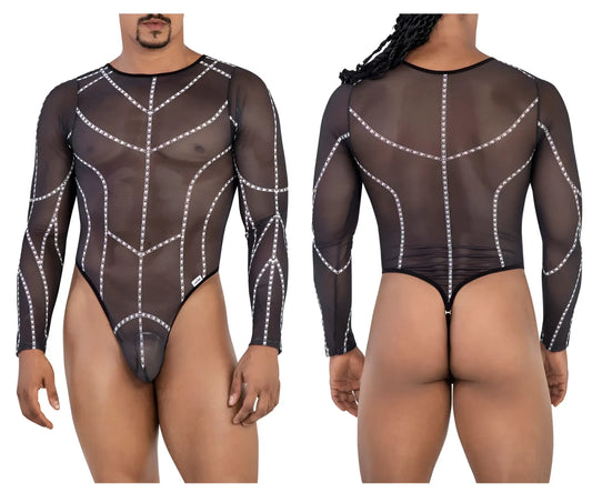 Black candyMan 99816 mesh bodysuit with sheer long sleeves and white chain detailing in a sleek design