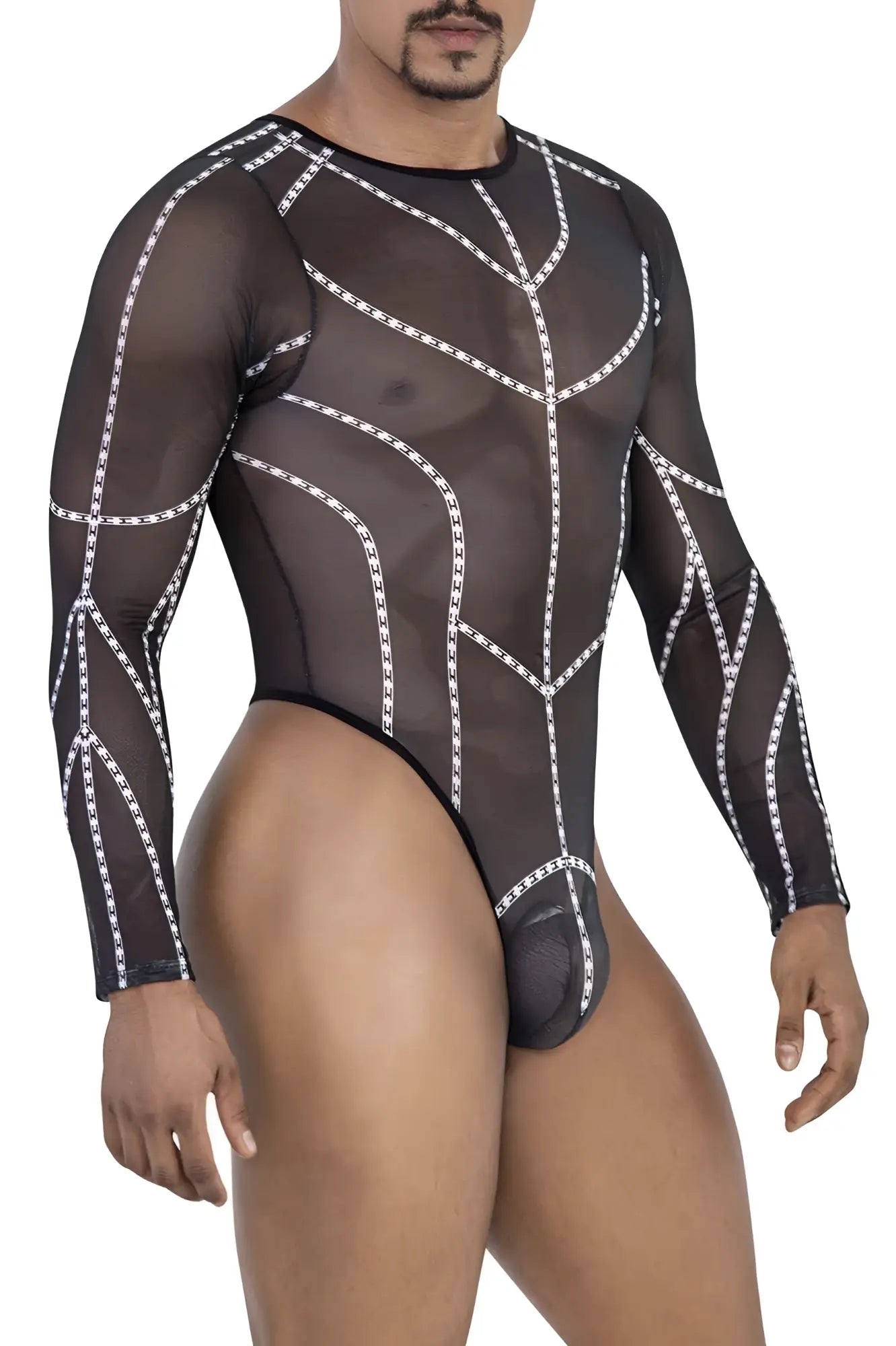 Black sheer long-sleeved mesh bodysuit with white chain-like geometric trim candyMan 99816 mesh bodysuit color black