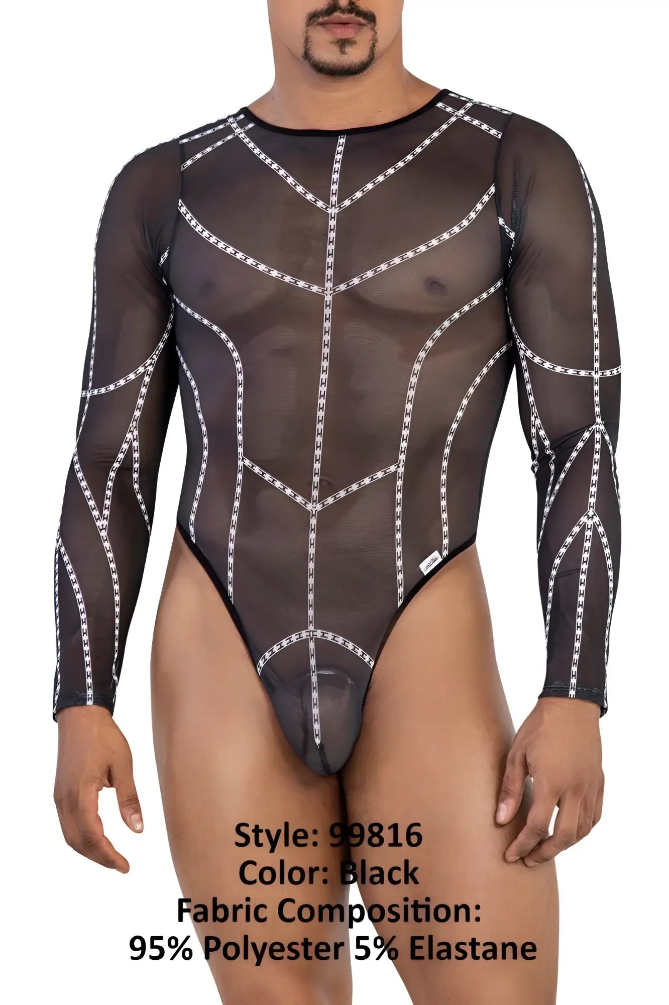 Black sheer mesh bodysuit candy man 99816 with white chain-like embroidery detailing on front