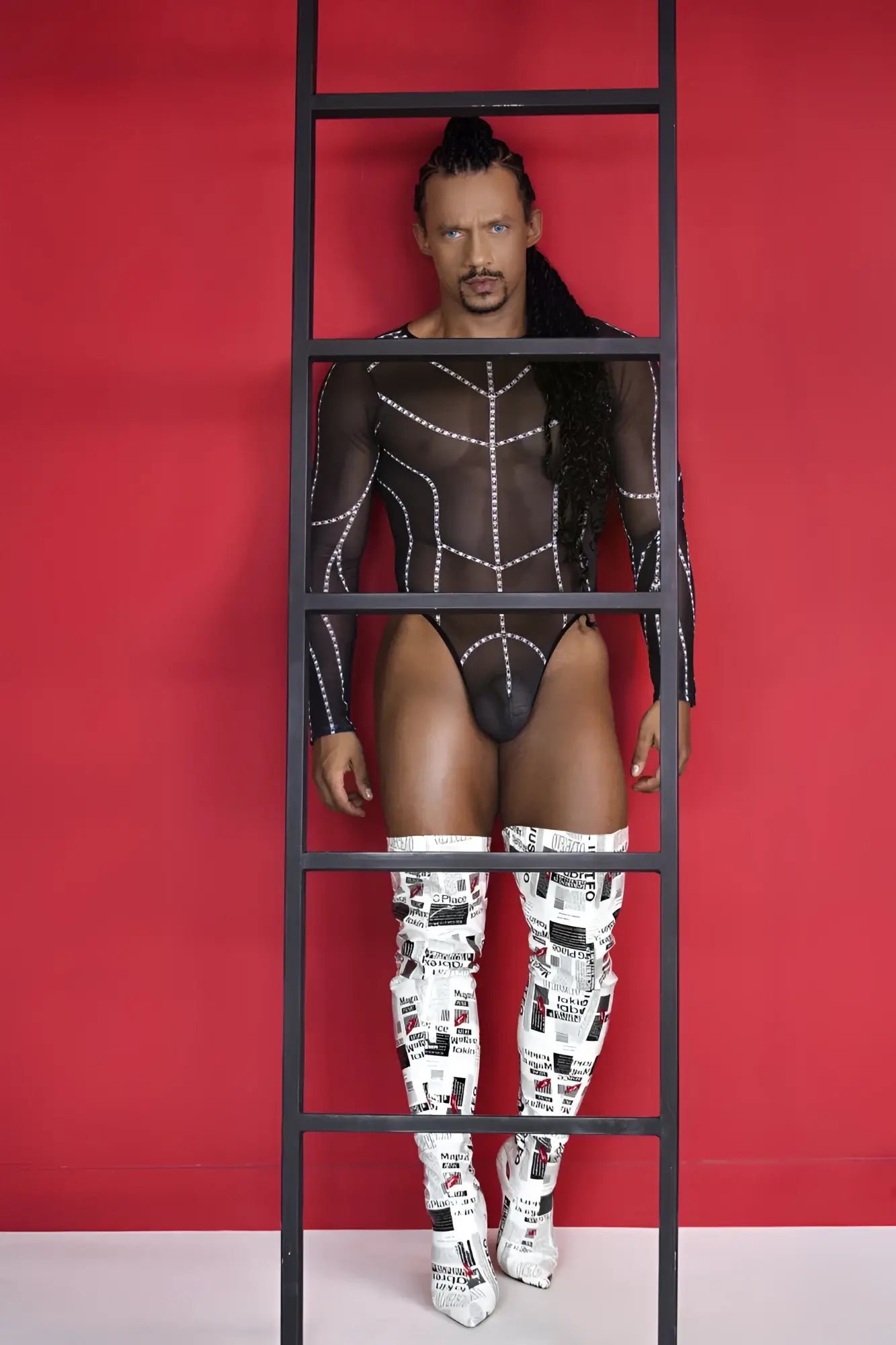 Black mesh bodysuit candyMan 99816 with silver stud detailing in black showing front view