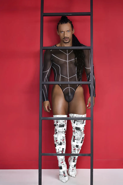 Black mesh bodysuit candyMan 99816 with silver stud detailing in black showing front view
