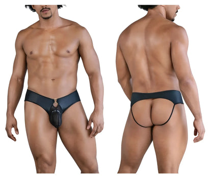 Black leather-like mens briefs with central pouch and gold-tone hardware from Candyman 99817 bulge jockstrap black