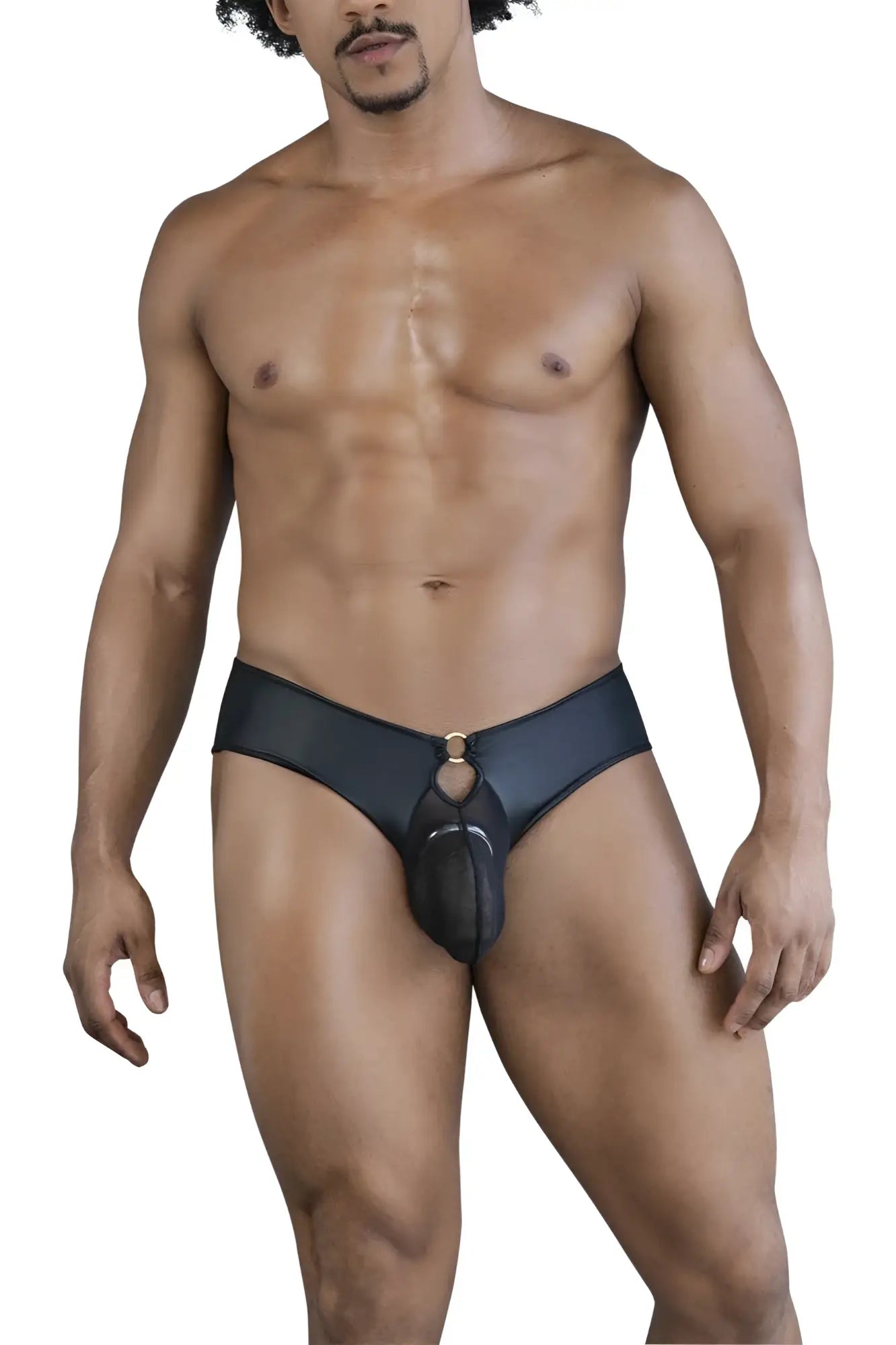 Black leather-like men’s thong with central pouch and metallic ring detail candyMan 99817 bulge jockstrap black