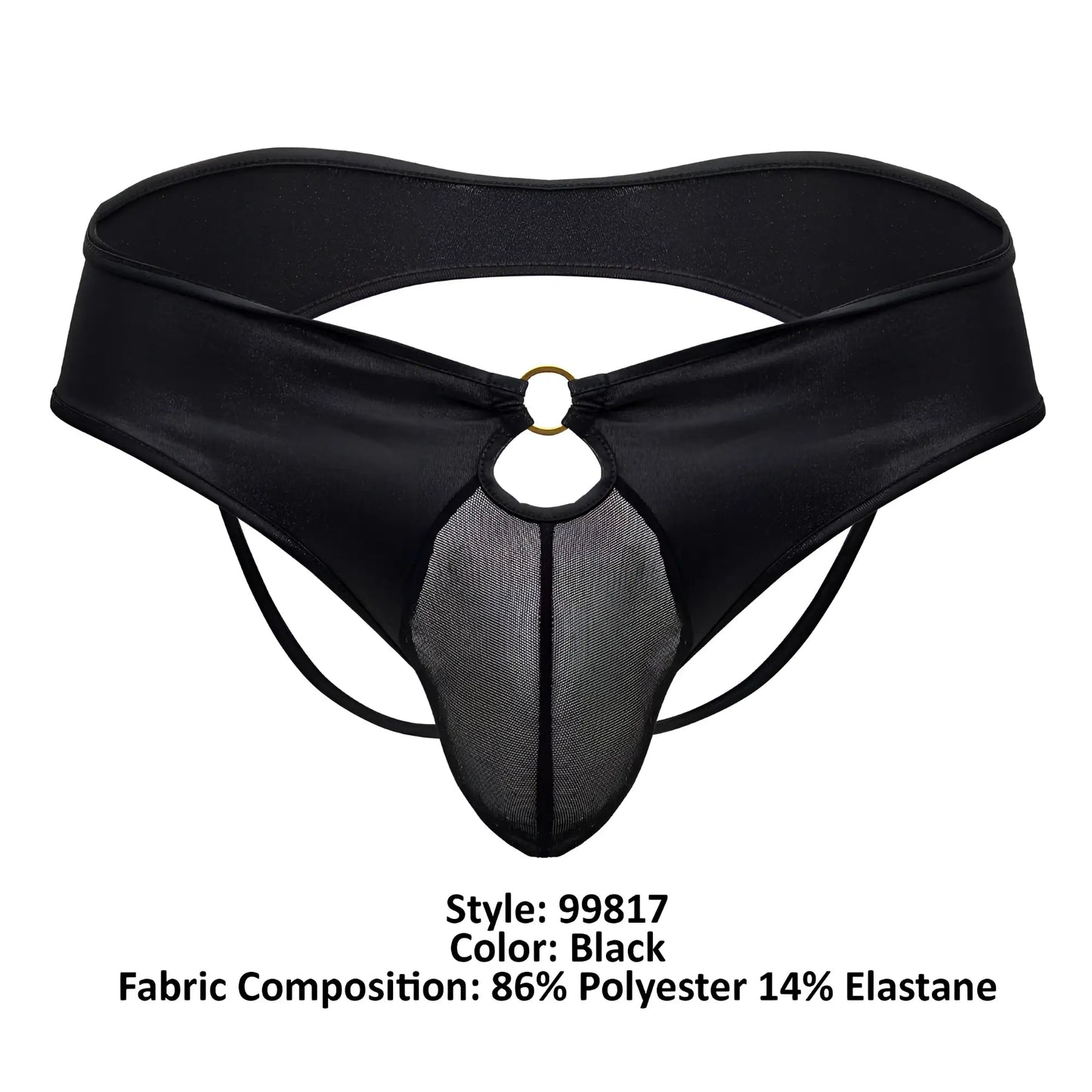 Black satin fabric thong with mesh panel and gold toned ring detail from candyman 99817 bulge jockstrap