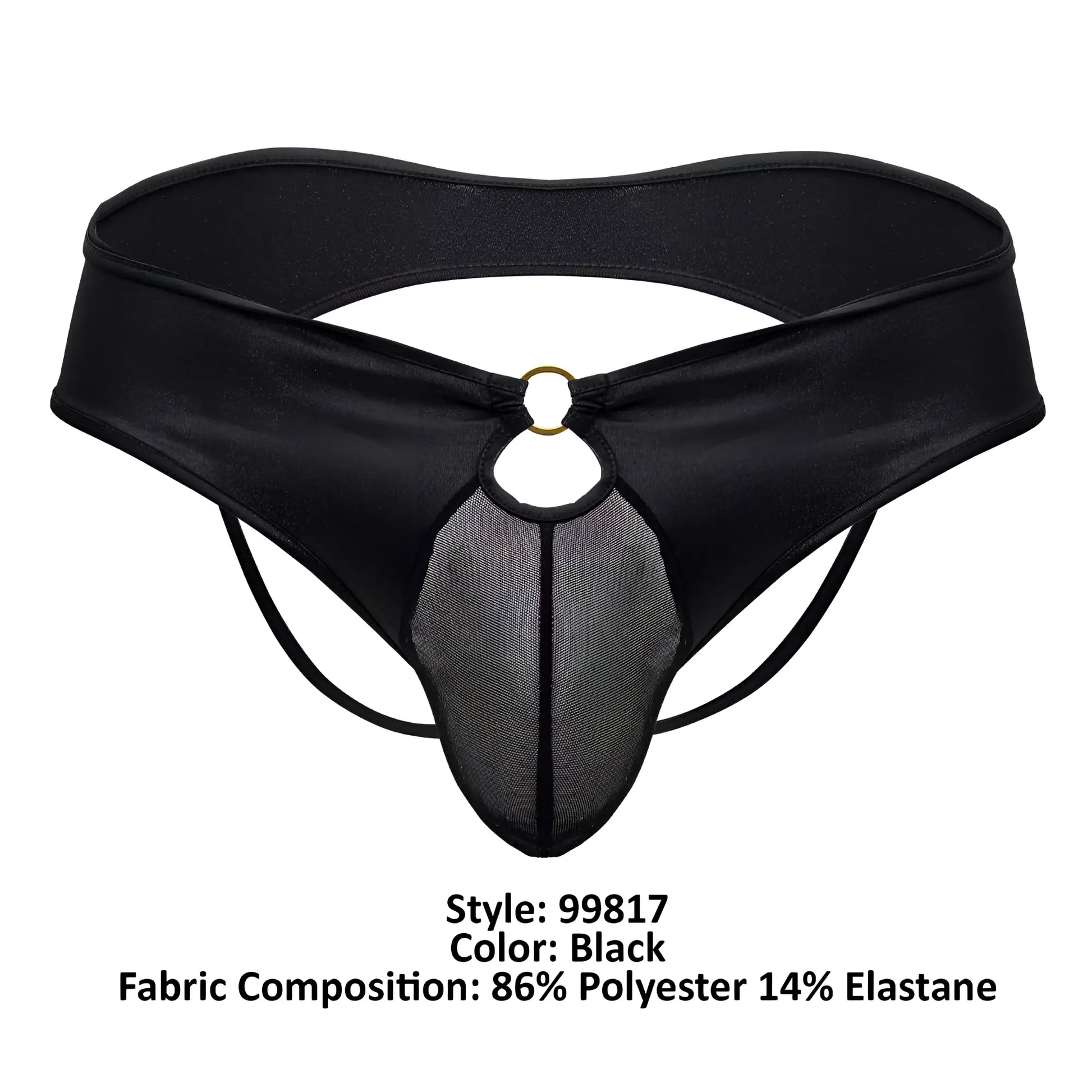 Black satin fabric thong with mesh panel and gold toned ring detail from candyman 99817 bulge jockstrap