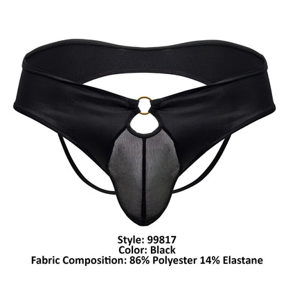 Black satin fabric thong with mesh panel and gold toned ring detail from candyman 99817 bulge jockstrap