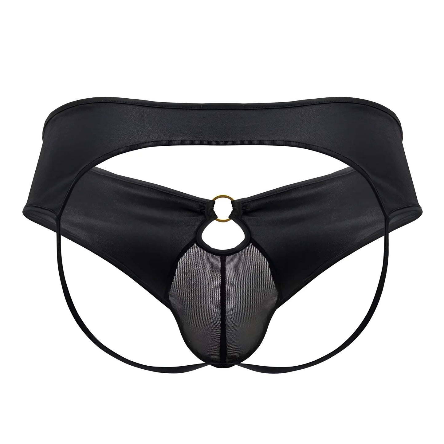 Black satin CandyMan 99817 bulge jockstrap with mesh panel and gold-toned ring detail in front view