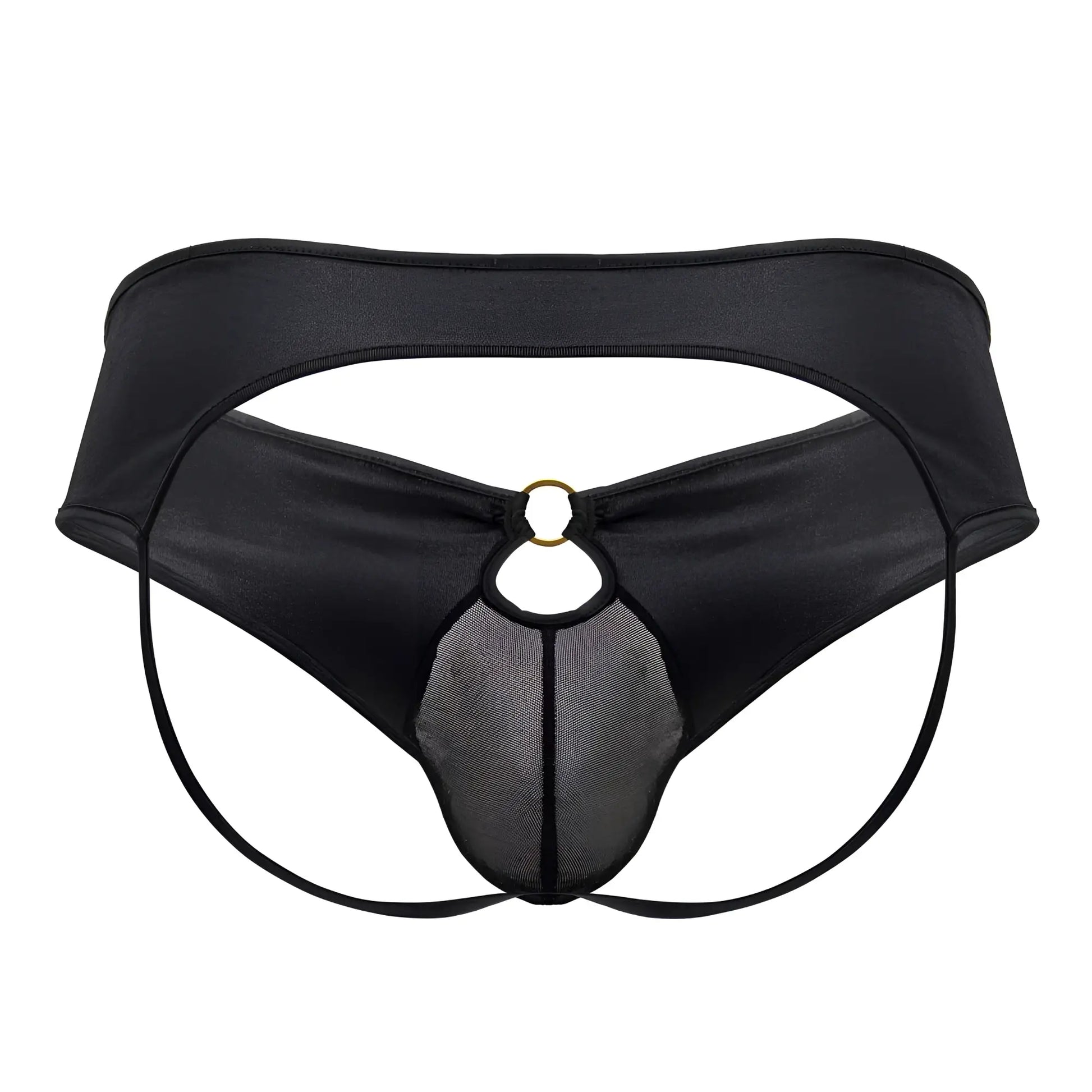 Black satin CandyMan 99817 bulge jockstrap with mesh panel and gold-toned ring detail in front view