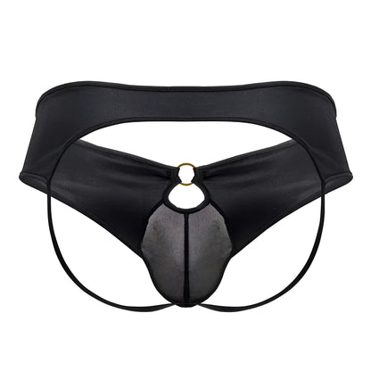Black satin CandyMan 99817 bulge jockstrap with mesh panel and gold-toned ring detail in front view