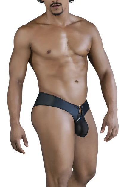 Black satin-like men’s thong with central pouch and gold-tone hardware candy man 99817 bulge jockstrap