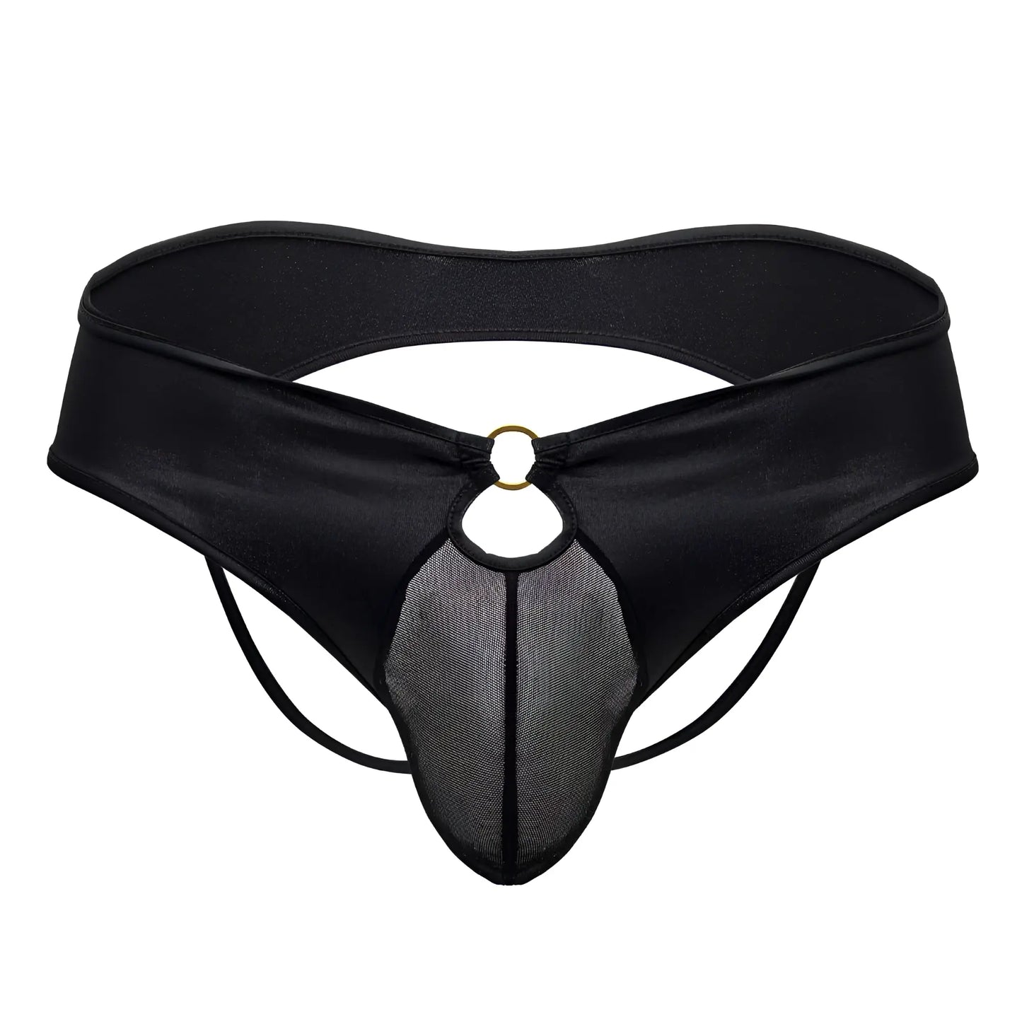 CandyMan 99817 black satin thong with mesh panel and gold-toned ring at front for bold style and comfort