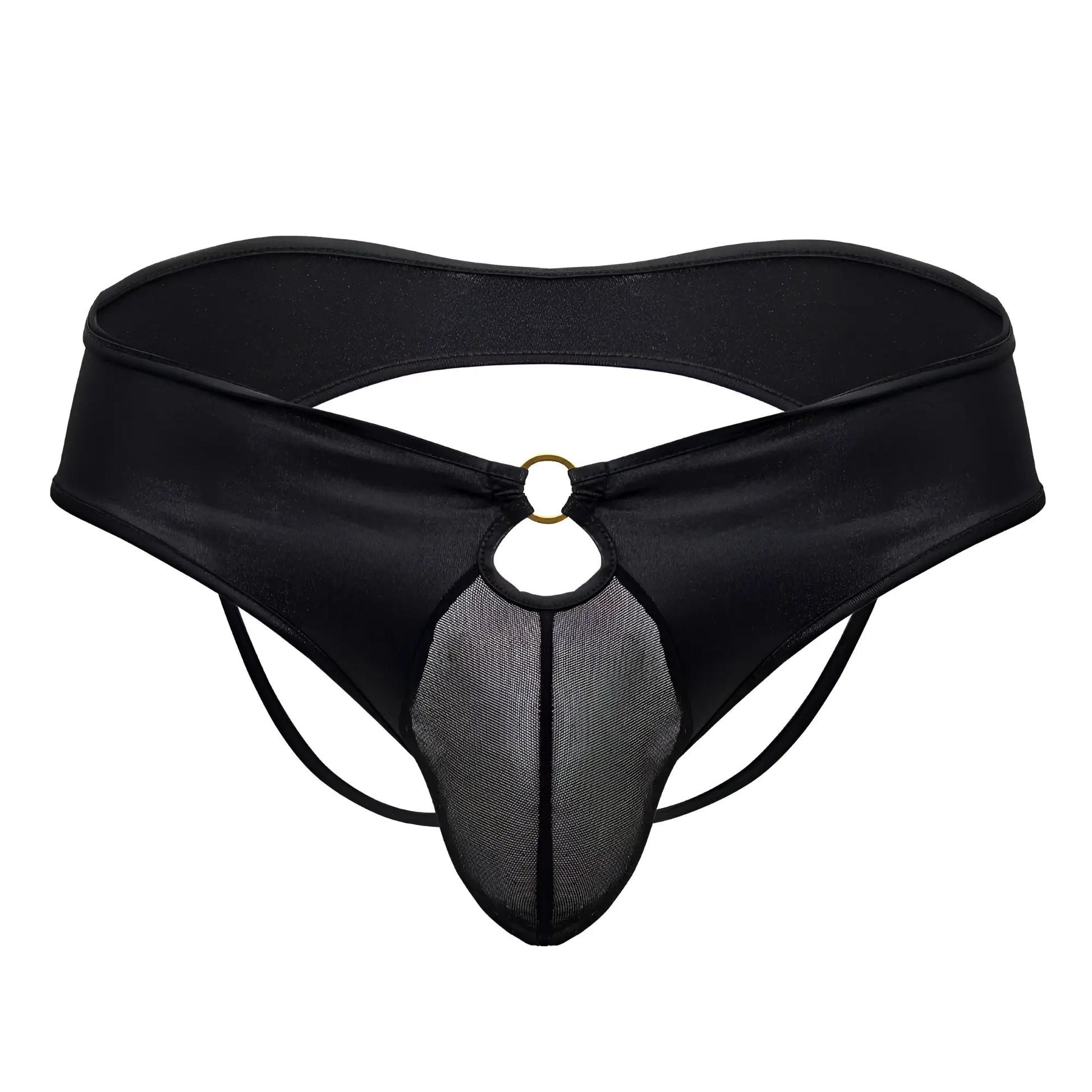 CandyMan 99817 black satin thong with mesh panel and gold-toned ring at front for bold style and comfort