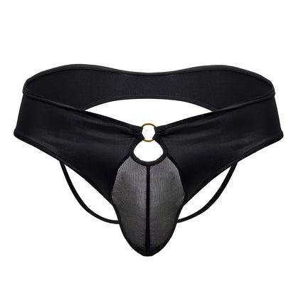 CandyMan 99817 black satin thong with mesh panel and gold-toned ring at front for bold style and comfort