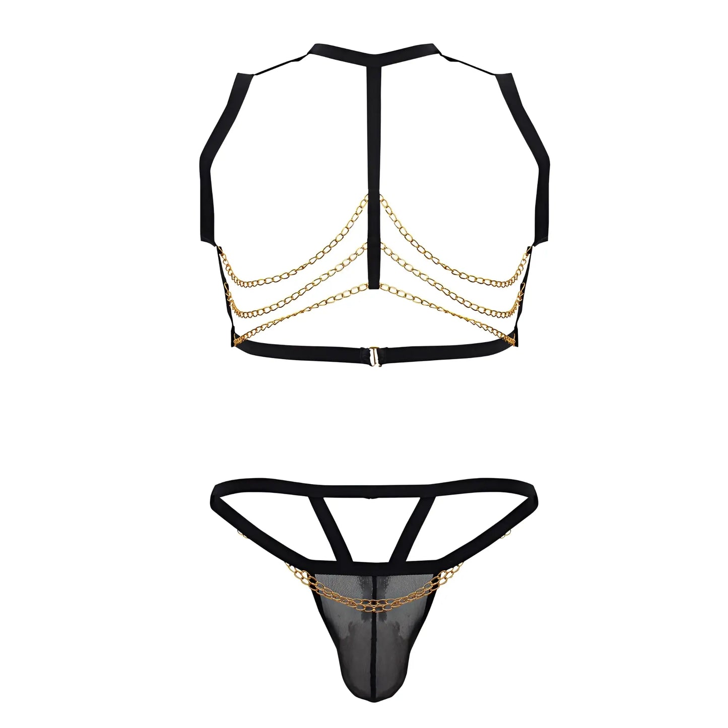 Black and gold chain-embellished mesh lingerie set candyMan 99818 two piece outfit in black