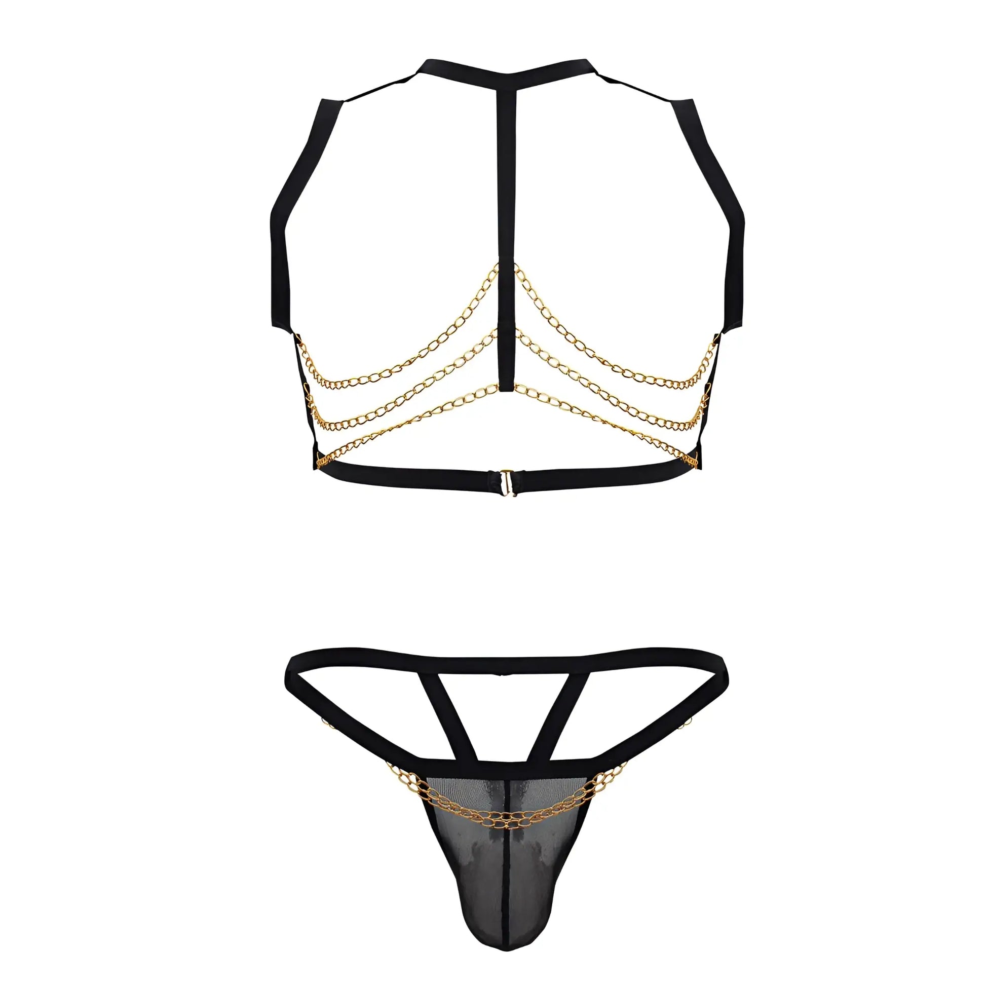 Black and gold chain-embellished mesh lingerie set candyMan 99818 two piece outfit in black