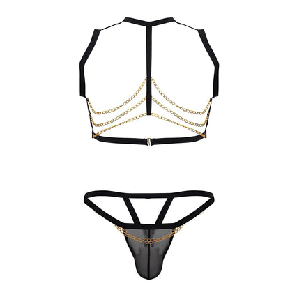 Black and gold chain-embellished mesh lingerie set candyMan 99818 two piece outfit in black