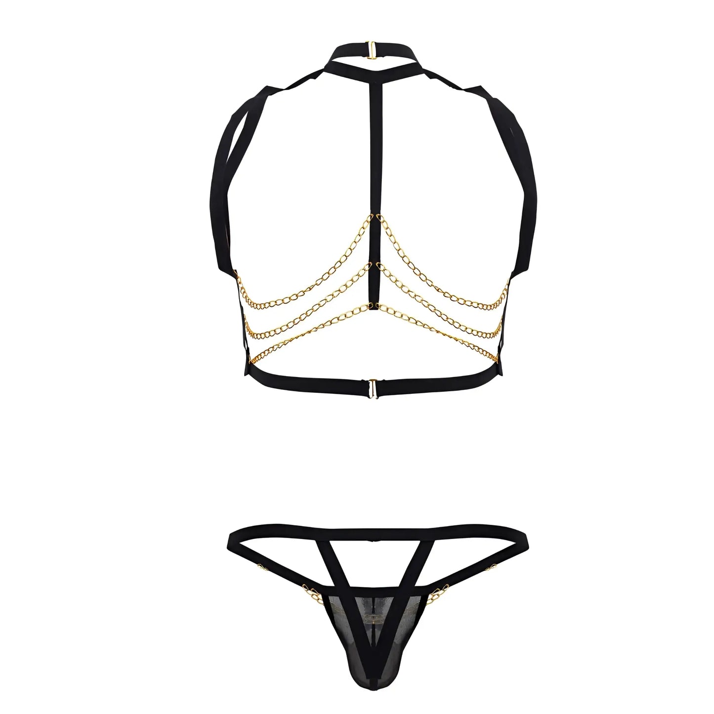 Black lace-trimmed thong with gold chain detailing from candyman 99818 two piece outfit in black