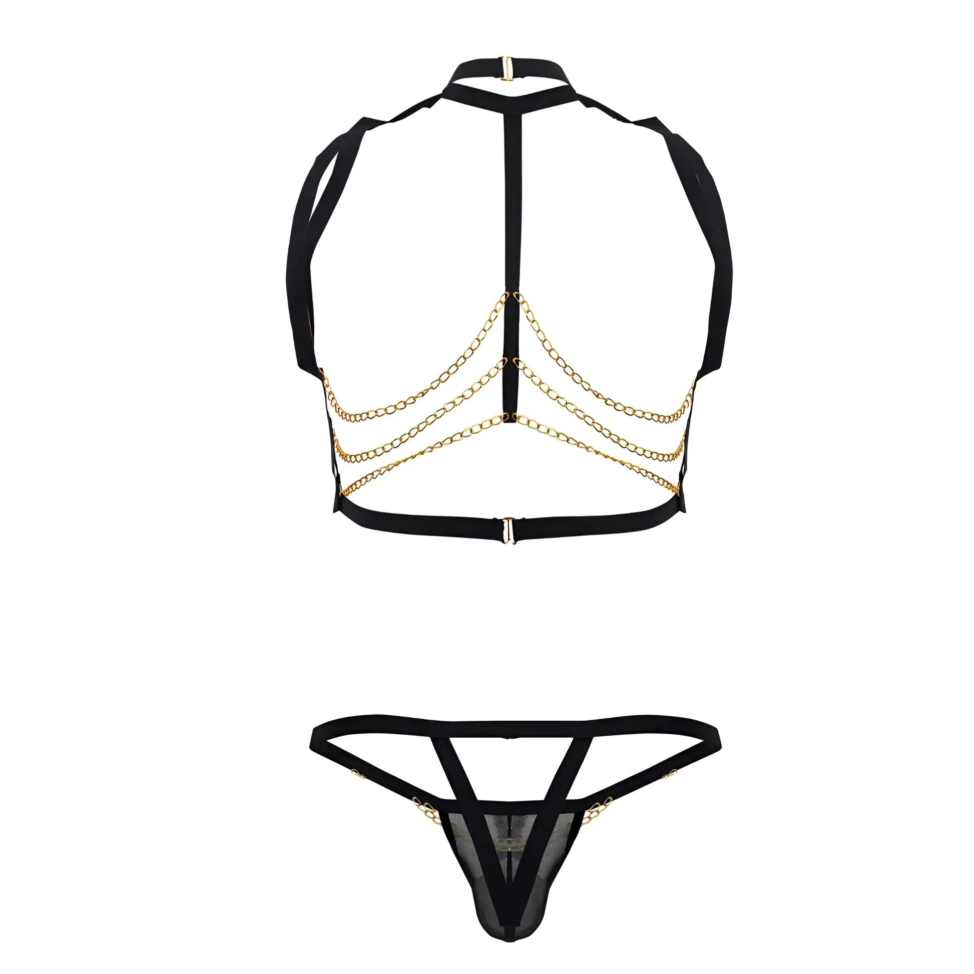 Black lace-trimmed thong with gold chain detailing from candyman 99818 two piece outfit in black