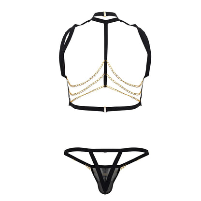 Black lace-trimmed thong with gold chain detailing from candyman 99818 two piece outfit in black