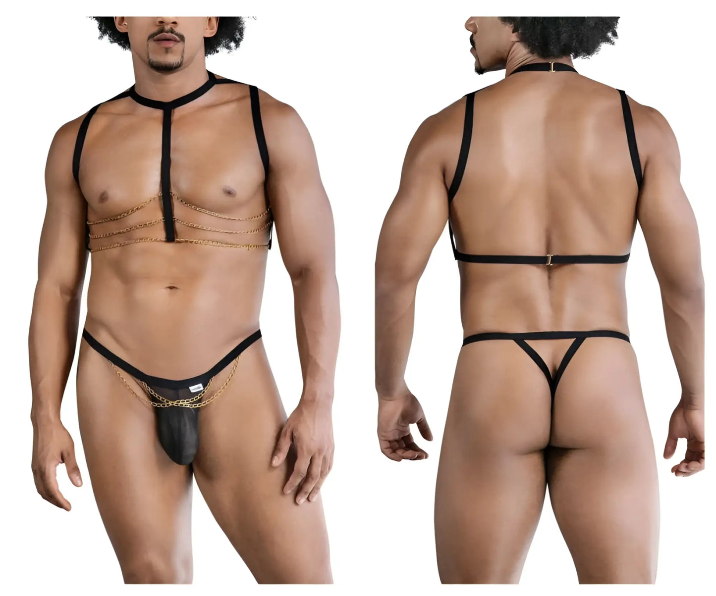 Black leather thong with gold chain detailing and adjustable straps from candyman 99818 two piece outfit