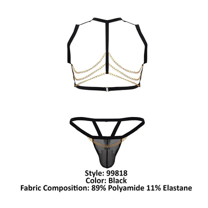 Black mesh candyMan 99818 two piece lingerie set featuring a backless top with gold chain details and matching thong