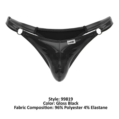 Gloss black CandyMan 99819 dom thong made of shiny stretchy polyester and elastane blend shown from the back side