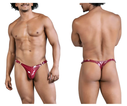 CandyMan 99819 Dom thongs in gloss wine feature shiny red patent leather with metallic buckle accents