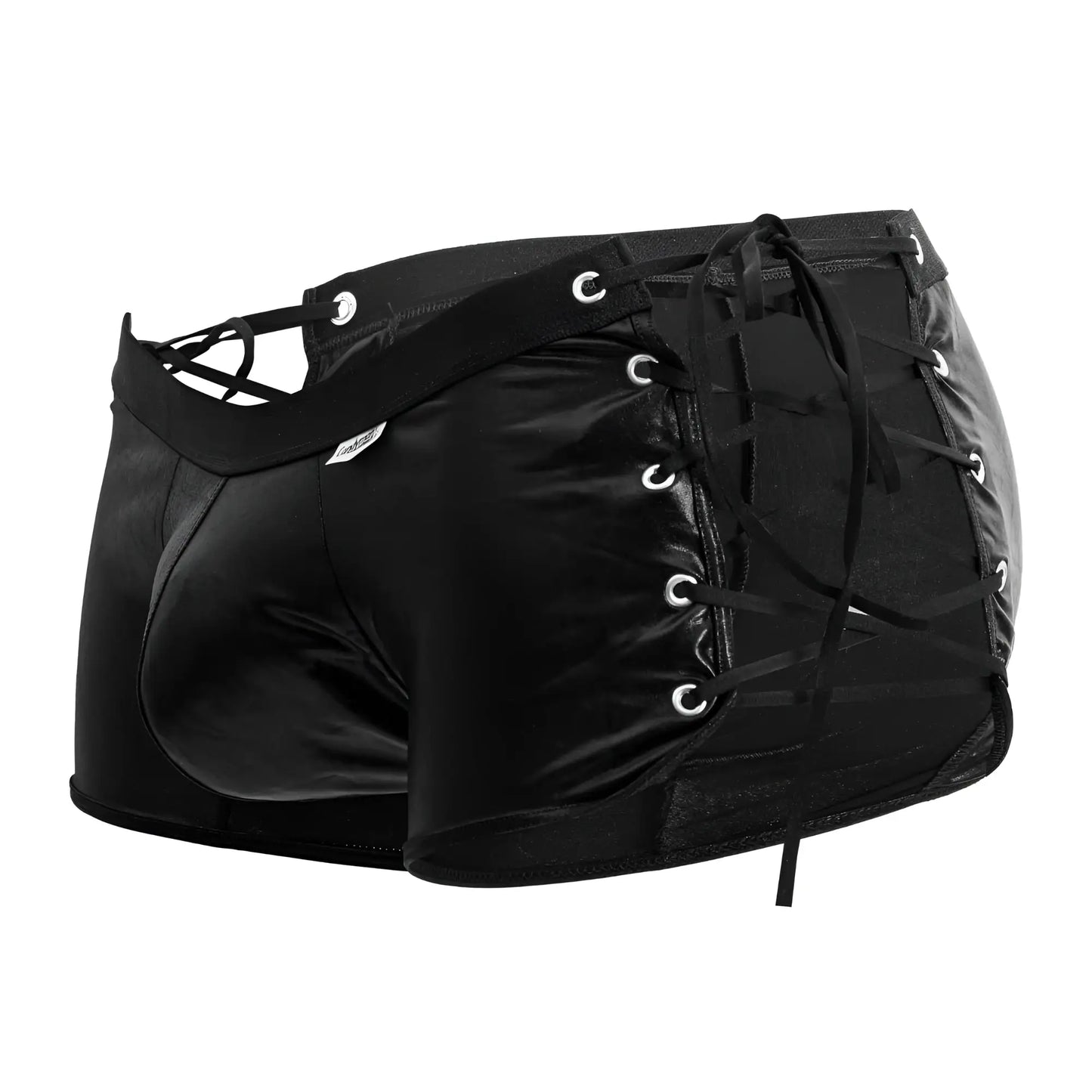Black patent leather lace-up high-waisted shorts with silver grommets candyMan 99820 side-tie trunks color black