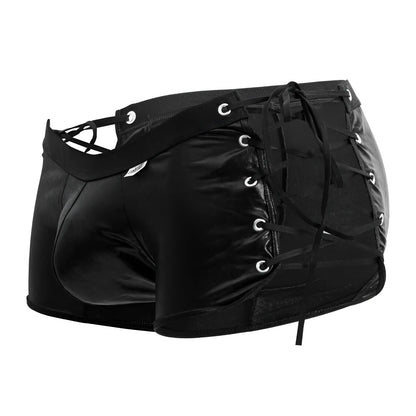 Black patent leather lace-up high-waisted shorts with silver grommets candyMan 99820 side-tie trunks color black