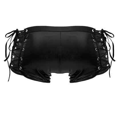 Black patent leather lace-up CandyMan 99820 side-tie trunks with silver grommets and tied side straps