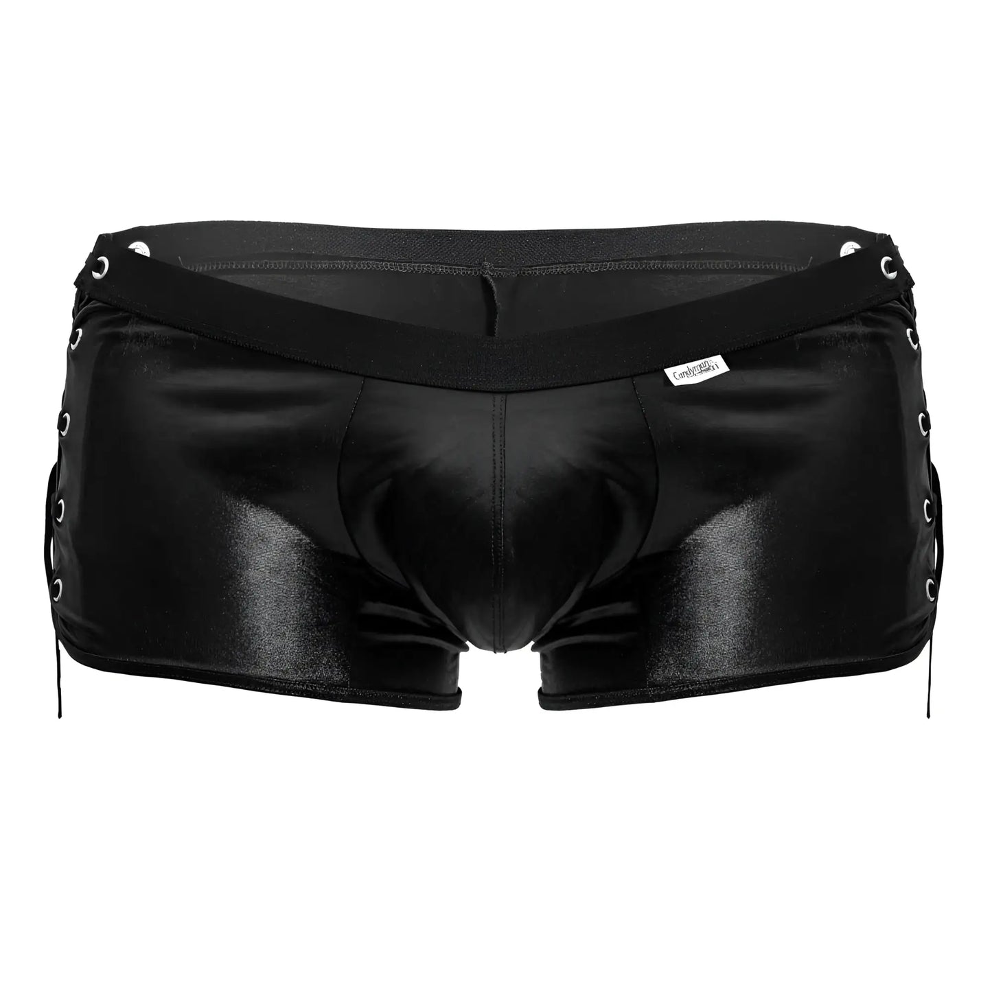 CandyMan 99820 black patent leather lace-up briefs with silver eyelets and glossy finish