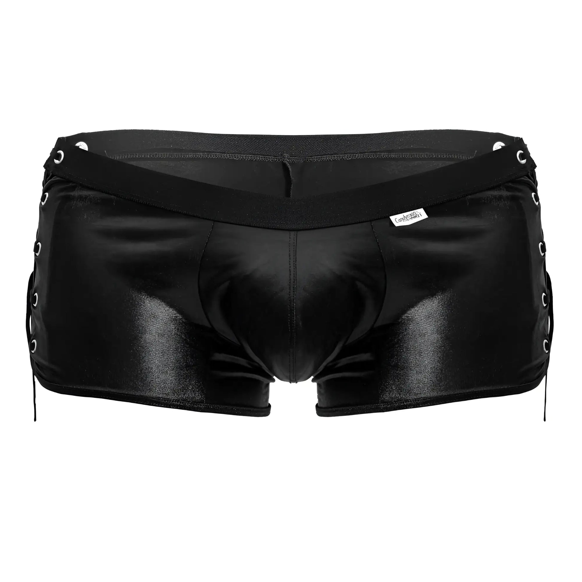 CandyMan 99820 black patent leather lace-up briefs with silver eyelets and glossy finish
