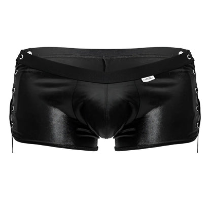 CandyMan 99820 black patent leather lace-up briefs with silver eyelets and glossy finish