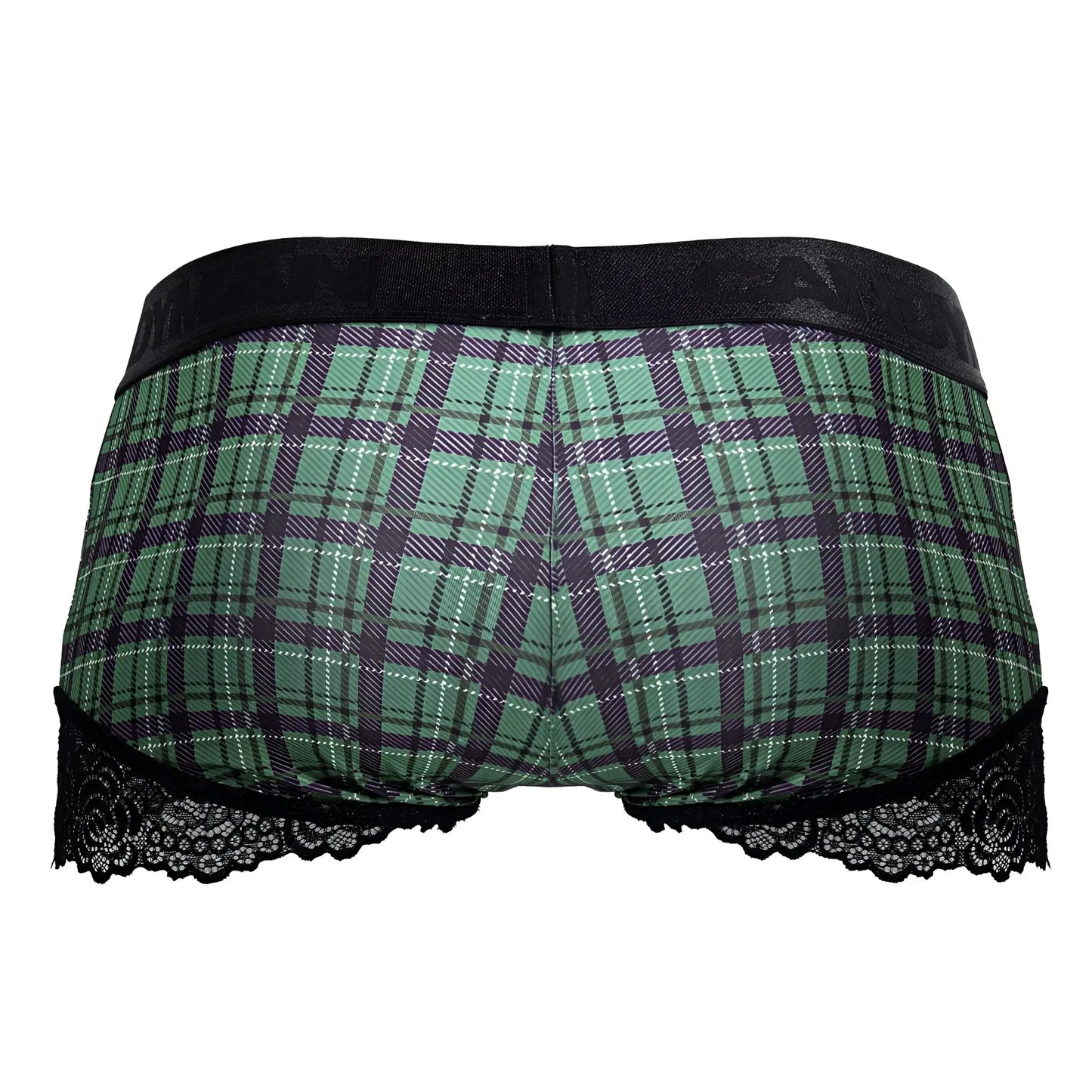 Green and black plaid briefs with black lace trim from candyman 99821 back to school trunks collection