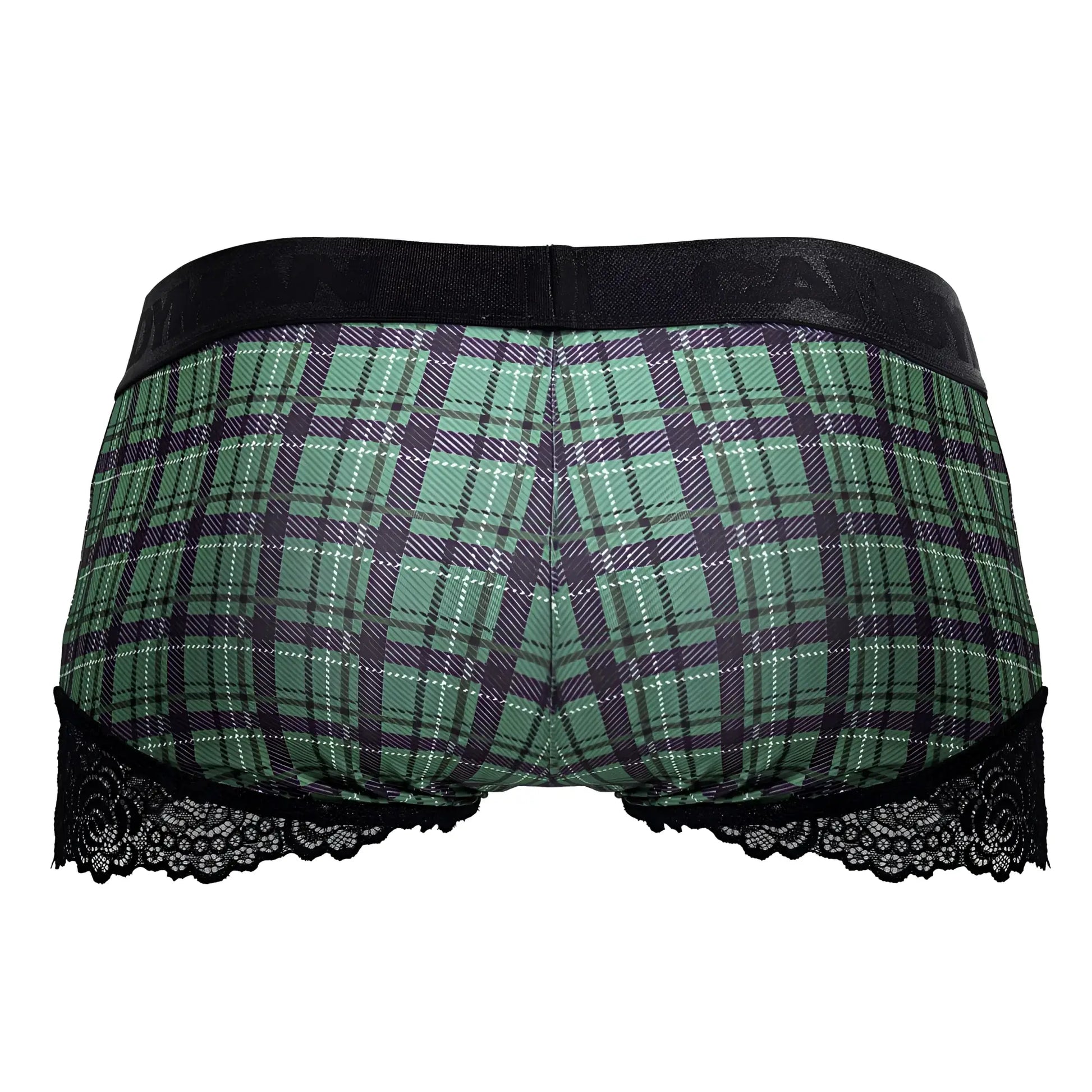 Green and black plaid briefs with black lace trim from candyman 99821 back to school trunks collection