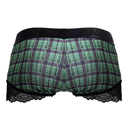 Green and black plaid briefs with black lace trim from candyman 99821 back to school trunks collection