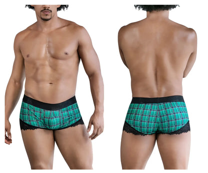 Green plaid men’s briefs with black lace trim and solid black waistband candyMan 99821 back to school trunks