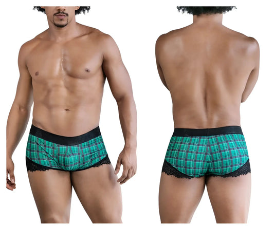 Green plaid men’s briefs with black lace trim and solid black waistband candyMan 99821 back to school trunks