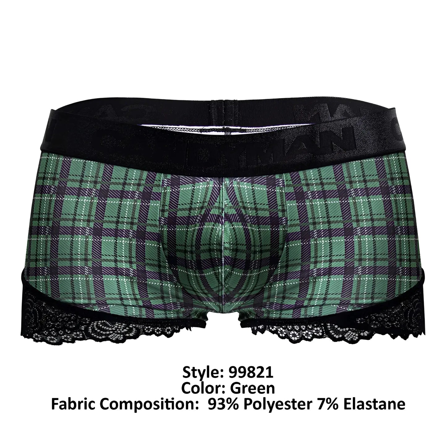 Green plaid men’s boxer briefs candyMan 99821 with black lace trim and elastic waistband back to school trunks