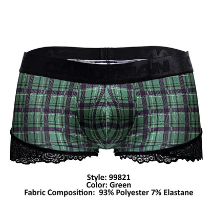 Green plaid men’s boxer briefs candyMan 99821 with black lace trim and elastic waistband back to school trunks