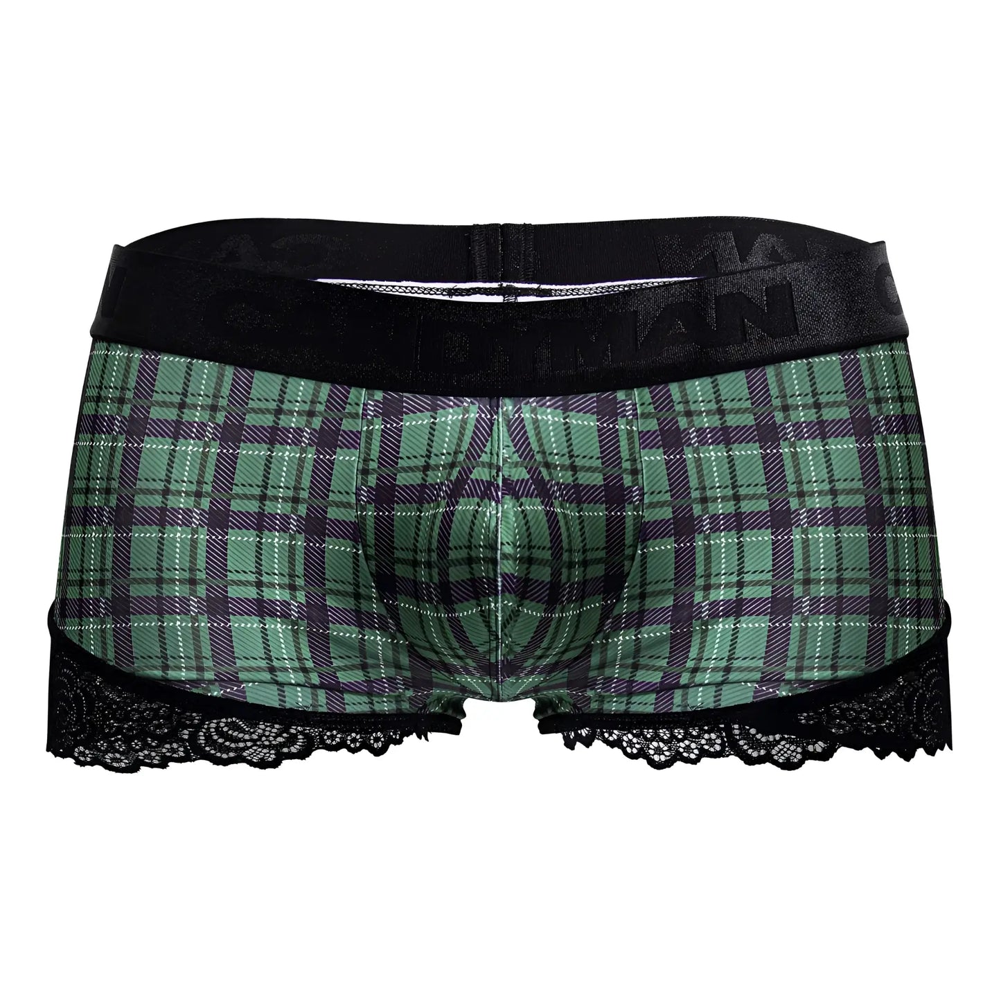 Green and purple plaid boxer briefs with black lace trim and branded elastic waistband candyMan 99821 trunks